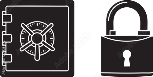 Security Bank Safe and Classic Padlock Silhouettes for Financial Protection Icons