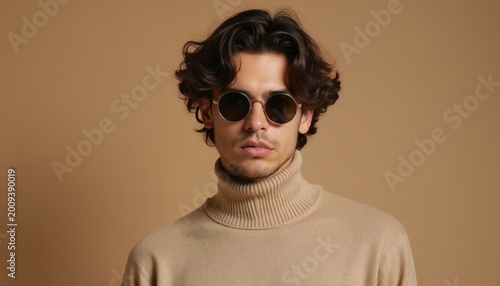Young man with curly hair, round sunglasses wears beige turtleneck. Serious look, stares directly at camera. Neutral background highlights fashion style, cool sophisticated mood. Pro studio