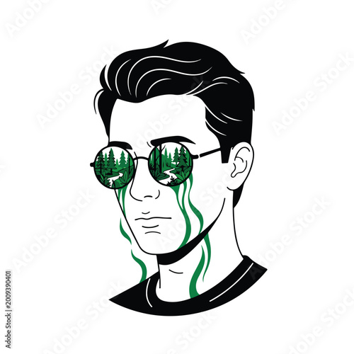 Surreal Portrait of a Man with Forest Reflection in Sunglasses.