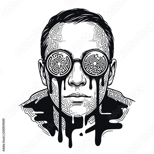 Surreal Portrait of a Man with Maze Eyes and Dripping Tears.