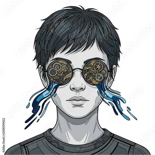 Surreal Portrait of a Person with Clockwork Eyes and Flowing Tears.