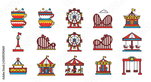 Amusement Park Icons: Carousel, Ferris Wheel, Roller Coaster, Teacups, Swings