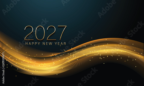 Modern 2027 Happy New Year Banner with Abstract Gold Wave
