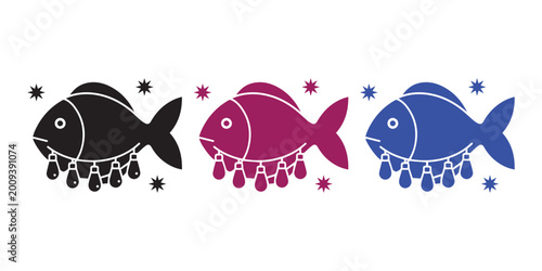 Canvastavla Colorful fish trio with beaded decorations a vibrant aquatic illustration