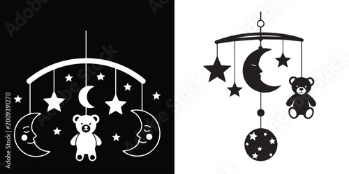 Baby mobile with teddy bear moon and stars black and white illustration