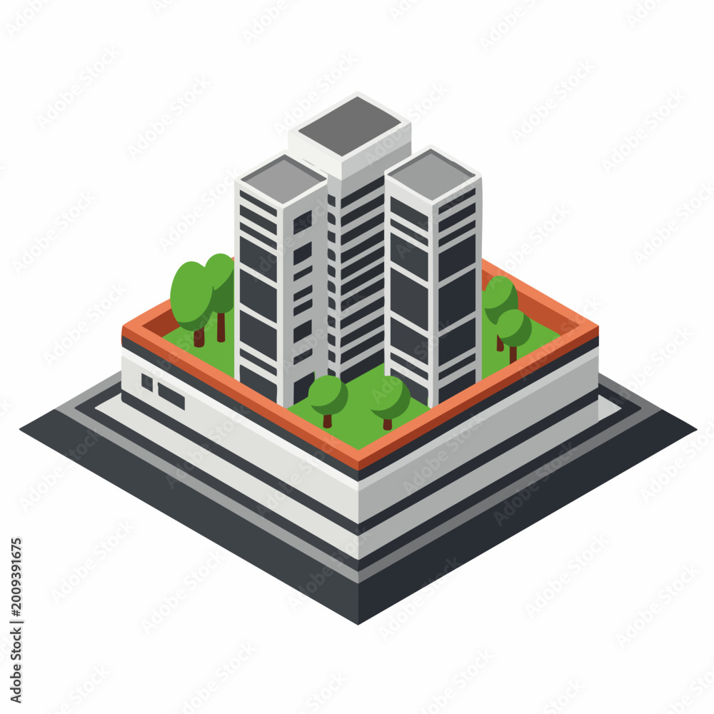 Fototapeta premium Modern Isometric City Building Illustration with Green Courtyard and Trees, 3D Urban Architecture Vector