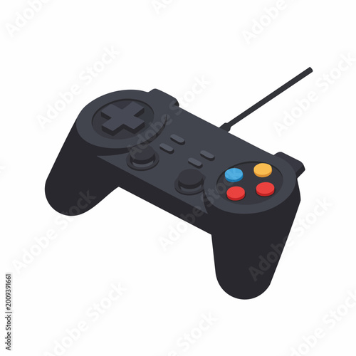 Isometric Black Video Game Controller with Wire and Colorful Buttons Isolated on White Background