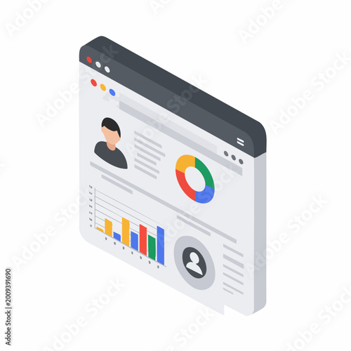 Isometric 3D web browser window showing user profile dashboard and data analytics infographics