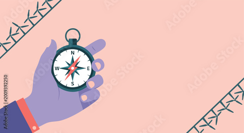 Hand holding compass. Navigation concept. Flat design illustration. Smooth graphic. Business direction.