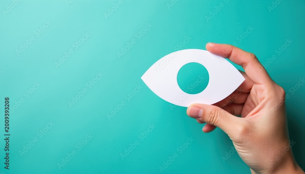 Naklejka premium Hand holds paper eye cutout promoting vision care and glaucoma awareness. Focus on eye health checks and preventing blindness. Simple concept for medical campaigns.