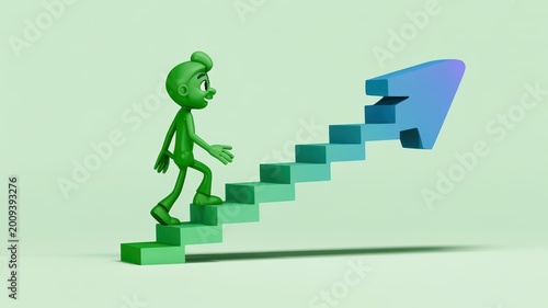 Business Growth Concept: 3D Green Character Climbing Colorful Staircase Towards Blue Arrow