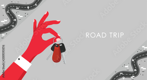 Red hand holding car keys, road trip concept. Flat design illustration with winding roads. Travel banner background.