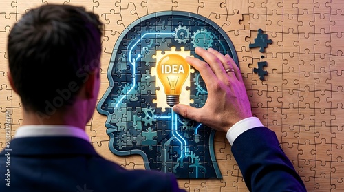Businessman Assembling Glowing Lightbulb Idea Puzzle Representing Creative Solution and Brainstorming Innovation