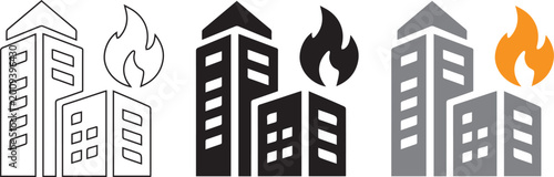 Photos Building fire vector icon set with solid silhouette and colorful orange flame va