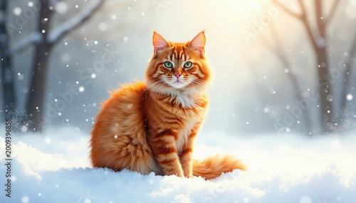 Orange fluffy cat sits in white snow. Cute animal has green eyes. Winter forest background with falling snowflakes. Soft sunlight creates warm glow.