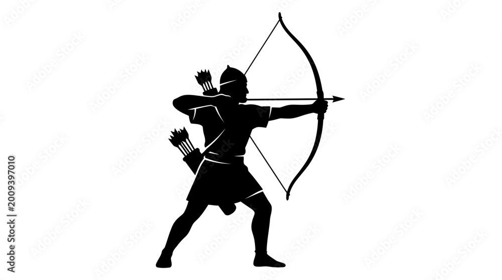 Fototapeta premium Silhouette of an ancient warrior archer drawing a bow and arrow, focused and ready to shoot, symbolizing skill and precision.