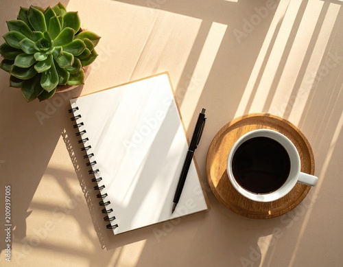 Bright, sun-dappled desk with succulent plant, open notebook, pen, and coffee