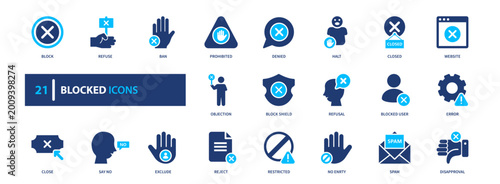 Blocked access icon set. restriction, security, prohibition, warning, control. solid style icon collection.