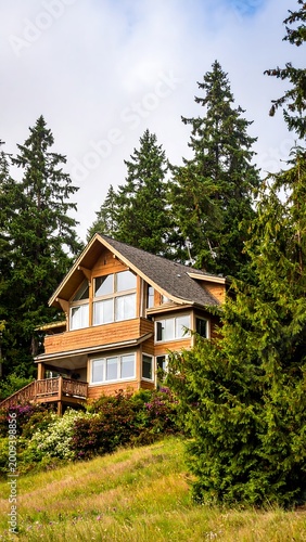 Two-story wooden house nestled amongst tall, green trees and bushes on a gentle grassy slope beneath a cloudy sky