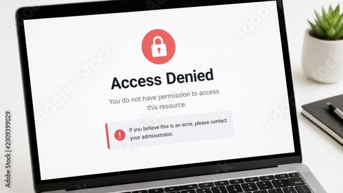 Access denied page shown on a laptop screen with permission error alert. concept of technology restriction, security issue, digital access control