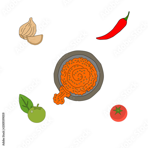 sambal pattern seamless. indonesian chili paste in mortar. cobek ulekan traditional food background. spicy sauce swirl texture. asian cooking ingredient. minimal clean vector illustration.