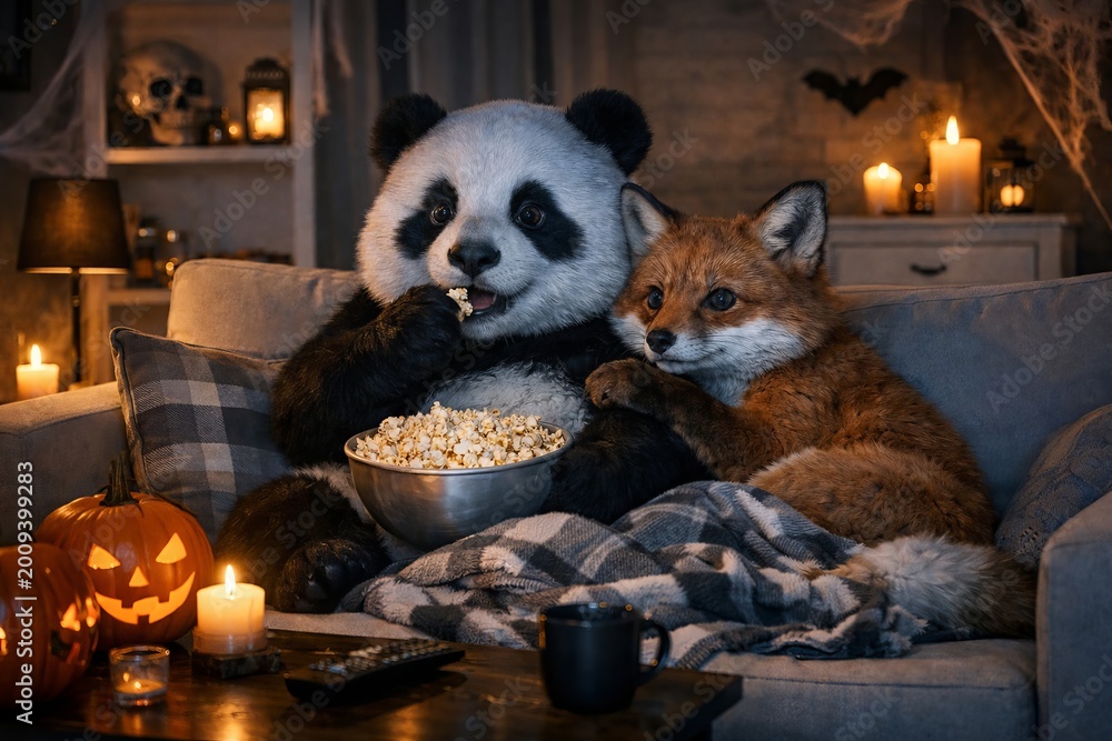 Obraz premium Cozy panda and fox enjoying popcorn on couch surrounded by candles and pumpkins in halloween decor. concept of friendship, relaxation, autumn evening