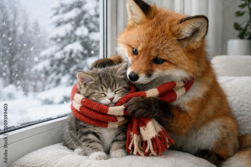 Fototapeta premium Adorable fox gently wrapping kitten in cozy scarf by snowy window on winter day. concept of unlikely friendship, cozy companionship, adorable animal interaction
