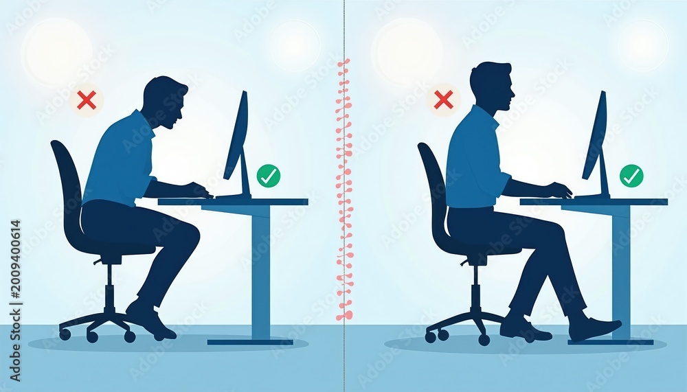 Fototapeta premium Man sits at desk with bad posture, then sits with correct posture, comparing spinal alignment. Incorrect slouch versus straight back shown at computer. Good sitting position for bone health.