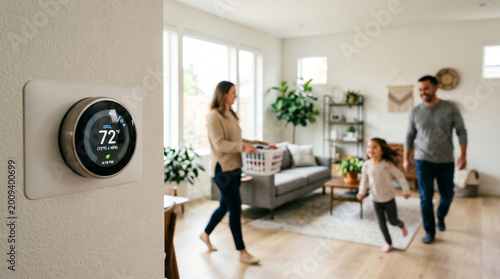 Focused smart thermostat screen displaying temperature in modern living room with family. concept of home automation, modern technology, energy efficiency
