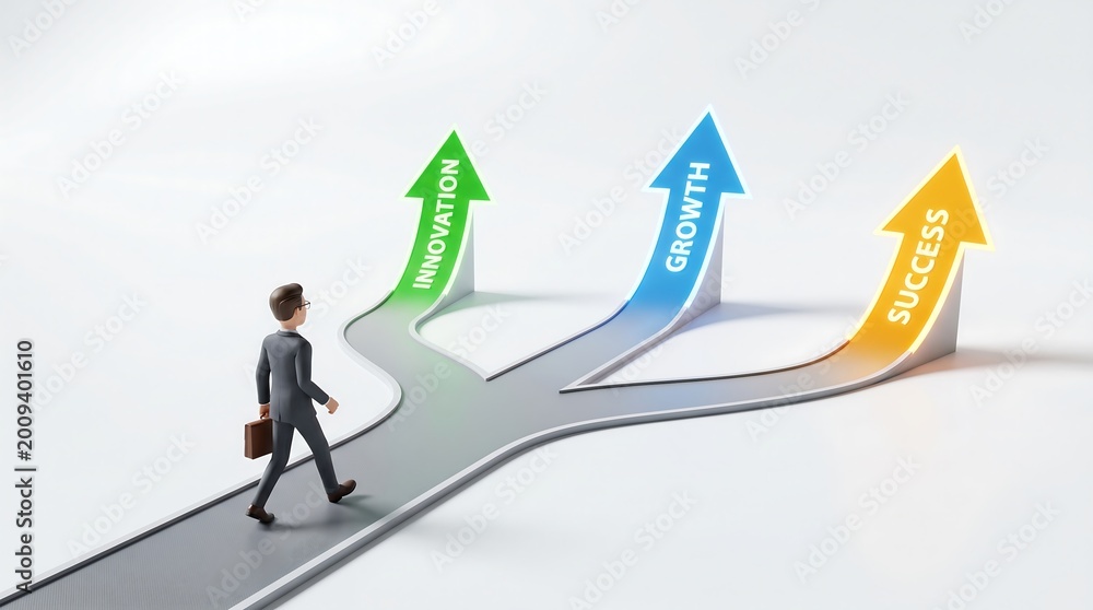 Obraz premium Man on Path Splitting Three Ways with Upward Arrows Multiple Success Paths Choice Direction 3D Render