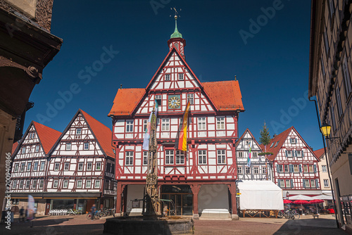 Historic half-timbered town hall on market square in Bad Urach, Baden-Wuerttemberg, Germany