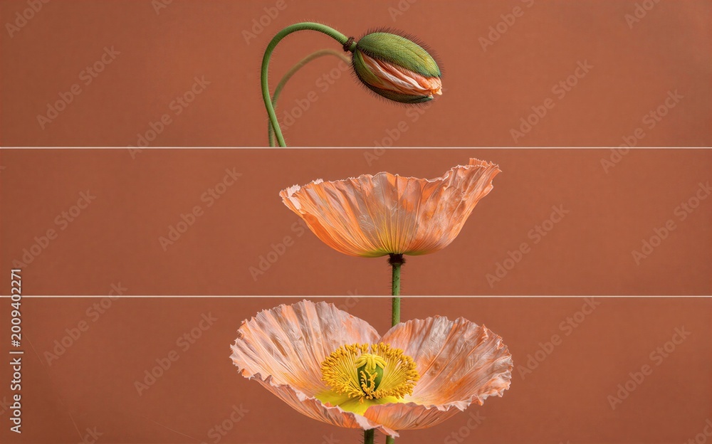 Obraz premium Three stages of a poppy flower bloom against warm terracotta