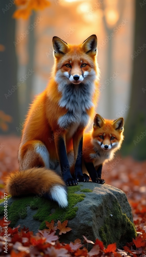 Naklejka premium Red fox adult and cub sit on mossy rock. Autumn forest ground covered with colorful fallen leaves. Warm sunlight illuminates furry animals watching attentively.