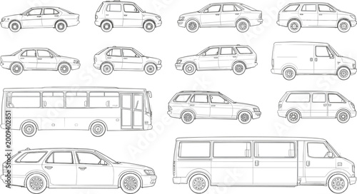 Schilderij op canvas Collection of vehicle line including cars vans and bus automobile