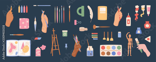 Fotografie Cartoon art craft supplies in flat style set