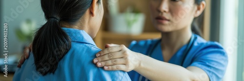 Female Healthcare Professional Comforting Colleague in Hospital Setting