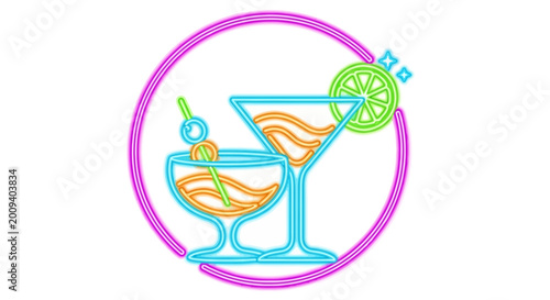 Neon cocktail icons, martini glasses, colorful drinks, bar symbols, vector illustrations