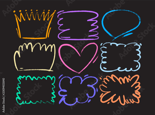 Nine various hand-drawn frames such as call out cloud or speech bubble, crown, heart and burst shapes. Textured one color gritty line elements. Vector artistic drawn silhouettes for communication