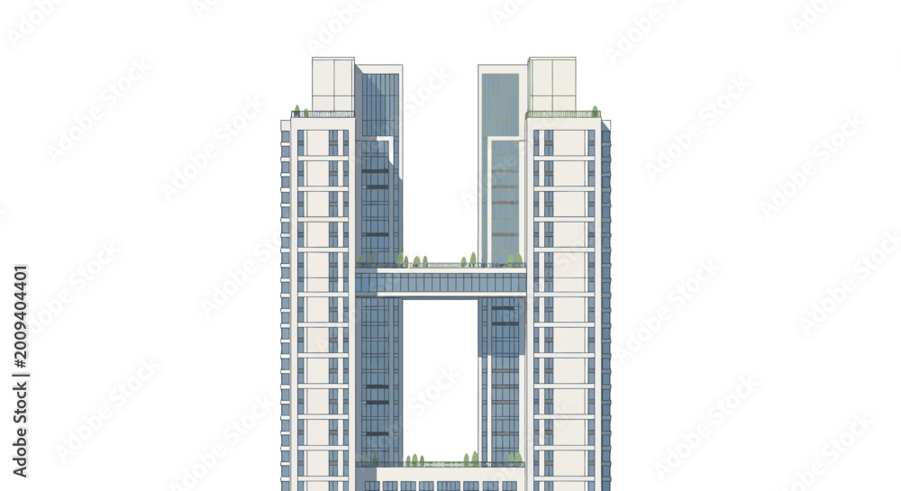 Fototapeta premium Modern H-Shaped Skyscraper Architecture Illustration with Skybridge and Twin Towers, Isolated Minimalist Building Design