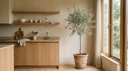 Minimal kitchen corner with soft lighting and a potted olive tree, elegant home interior design, warm neutral palette, refined modern decor, realistic materials, calm atmosphere, clean composition,