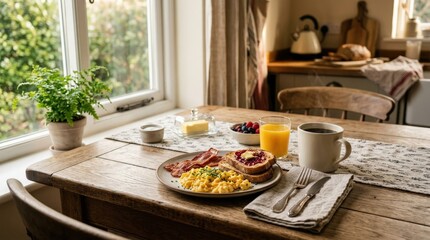 Breakfast at home, cozy morning food lifestyle, simple table setting, warm light, realistic textures, inviting domestic atmosphere, clean composition, polished commercial stock appeal, no logos