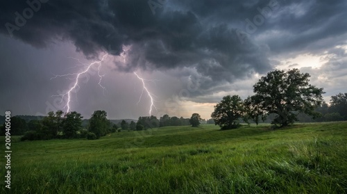 Intense thunderstorm lighting up rich green meadow with electric bolts, premium stock image, clean marketable composition, refined details, soft natural lighting, realistic textures, balanced depth,