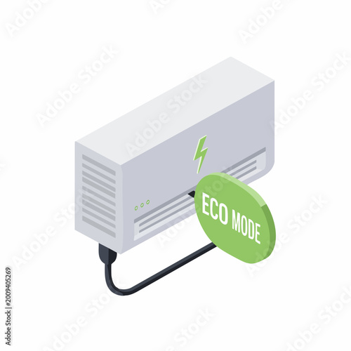 Isometric Illustration of Energy Efficient Air Conditioner with Eco Mode Badge