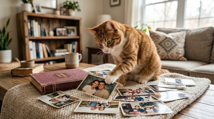 Cat exploring photo memories, playful domestic scene, curious pet near printed pictures or album, cozy home atmosphere, realistic fur detail, warm lifestyle stock appeal, no logos