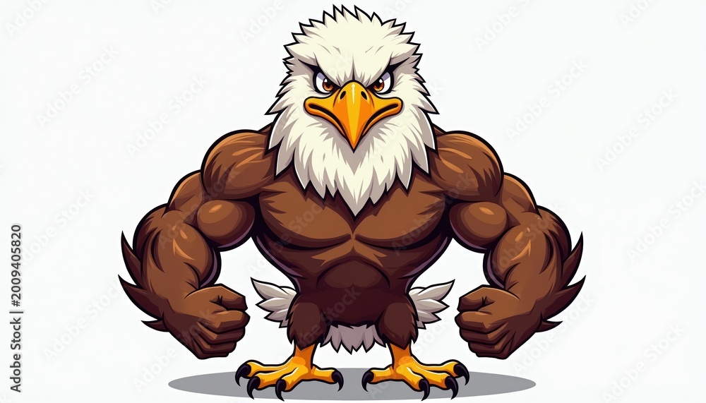 Naklejka premium Muscular eagle mascot poses aggressively. This powerful bird character with strong arms, sharp beak, and fierce eyes is perfect for sports teams or branding. Graphic shows bird of prey.