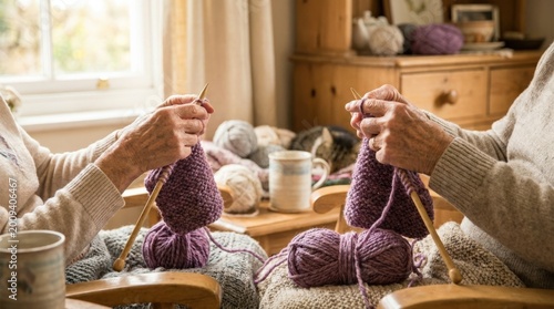 Hands of elderly people knitting purple yarn, handmade textile craft scene with patience, skill and cozy domestic warmth, strong lifestyle appeal, soft natural light, realistic thread texture,