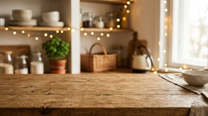 Wooden tabletop with blurred kitchen and fairy lights background with copy space, clean wooden tabletop product mockup, strong copy space, home interior background softly blurred, realistic materials,