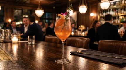 A refreshing tulip cocktail served in a sleek elegant bar, vibrant liquid, delicate glass shape, and subtle reflections on polished surfaces, refined nightlife atmosphere with soft ambient light,