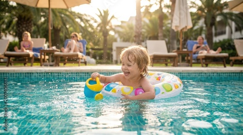 Child in swimming pool, happy summer lifestyle with water play, sunshine, relaxation and bright family vacation energy in a clean outdoor setting, soft natural light, realistic detail, clean