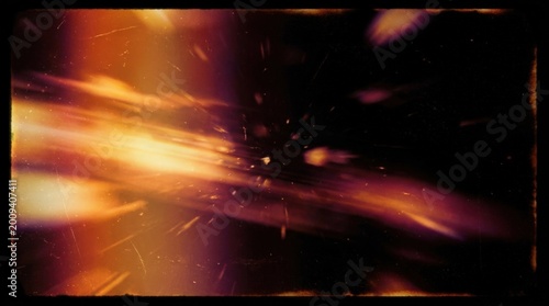 Light leak overlay effect with dust and motion blur on black background, retro film flare, grunge film burn, noisy lens ray texture for poster photo effect mockup, abstract analog glow with distressed